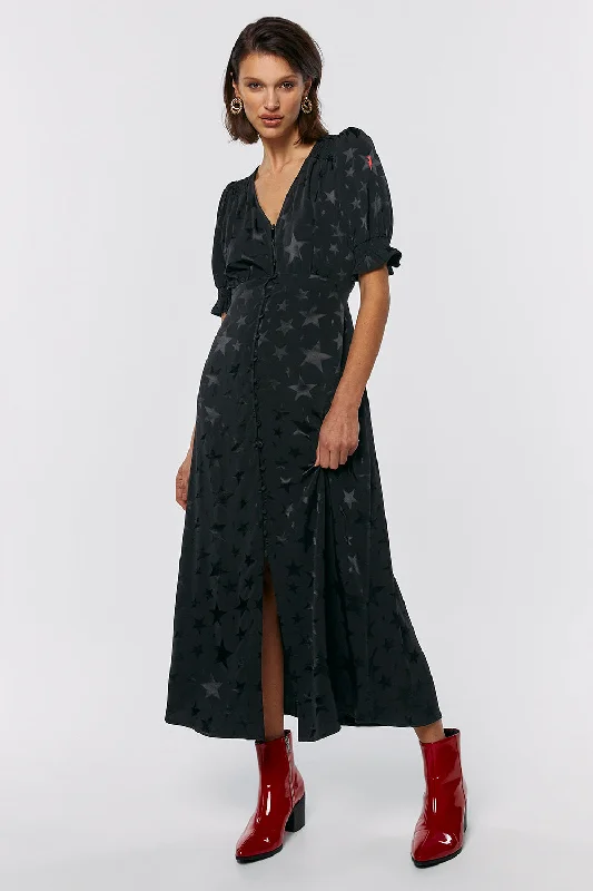 ashionable dressBlack Jacquard Star Flute Sleeve Midi Tea Dress