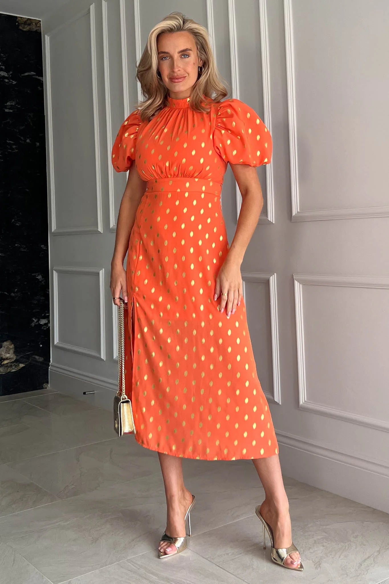 lace dressLilly Orange Gold Foil Print Puff Sleeve Midi Dress