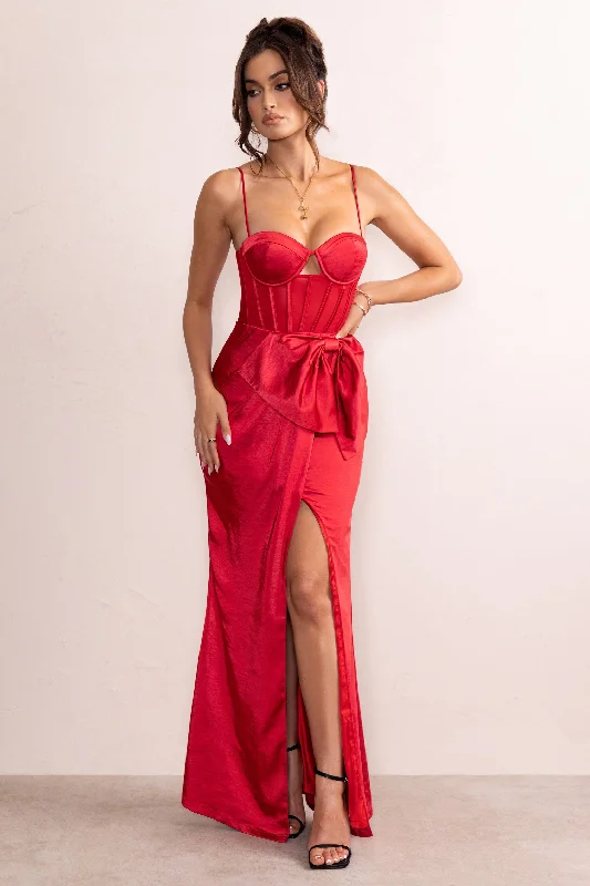 Shop and Save Odette | Red Satin Sweetheart Corset Bow Detail Maxi Dress