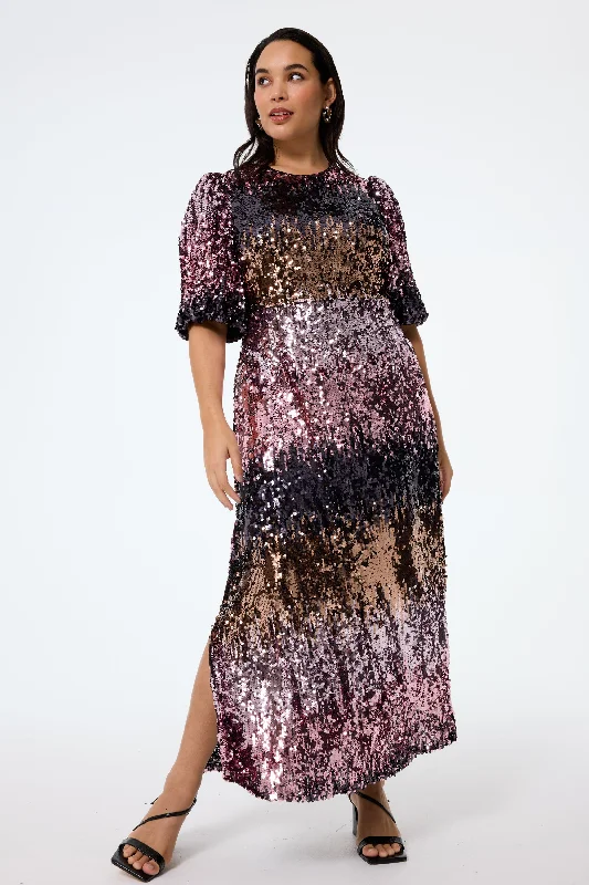 A-line dressPink Ombre Sequin Puff Sleeve Midi Dress