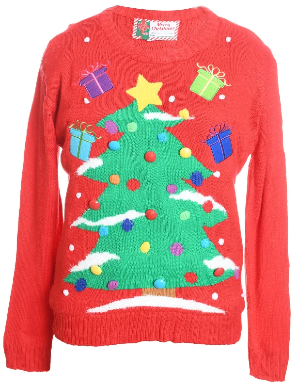 Savings Event Red Christmas Tree Design Knit Jumper - M