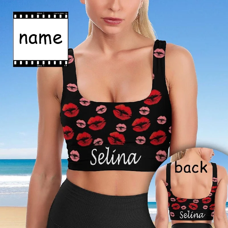 Sale Event Custom Name Red Lips Black Background Sports Bra Personalized Women's All Over Print Yoga Sports Bra Sale Event Custom Name Red Lips Black Background Sports Bra Personalized Women's All Over Print Yoga Sports Bra