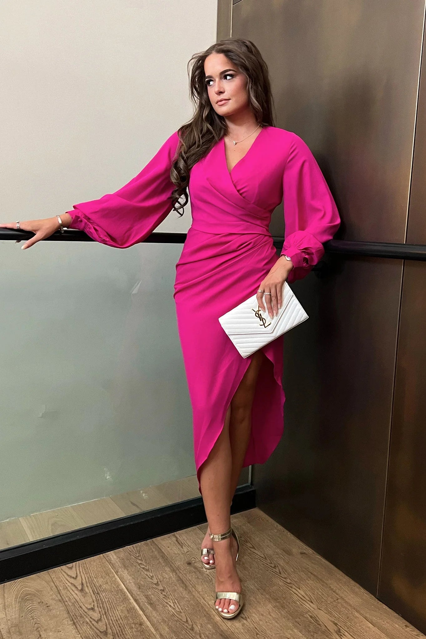 pleated maxi dressAlexa Magenta Pink Asymmetric Long Sleeve Dress