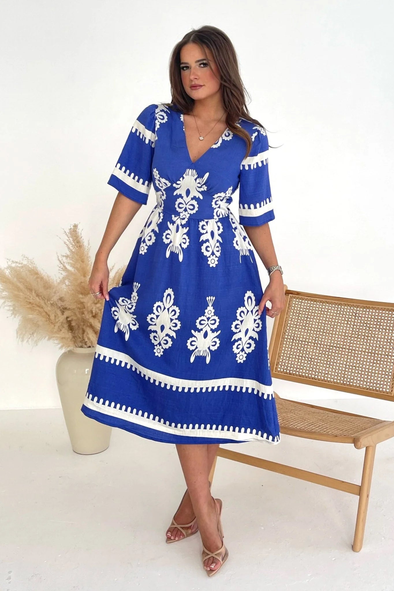 flowy evening dressLacey Cobalt Blue Border Midi Dress