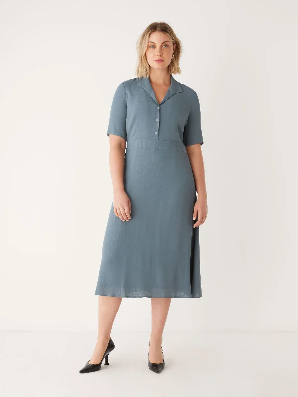 satin midi dressThe Fluid Poet Collar Long Dress in Stormy Blue