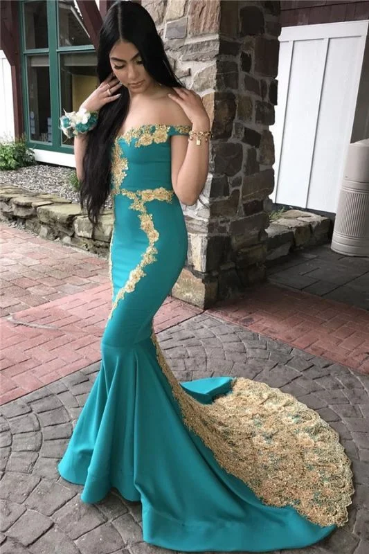 Reduced Prices romantic dressBlue Off-The-Shoulder Mermaid African Prom Dress with Gold Appliques,DP938