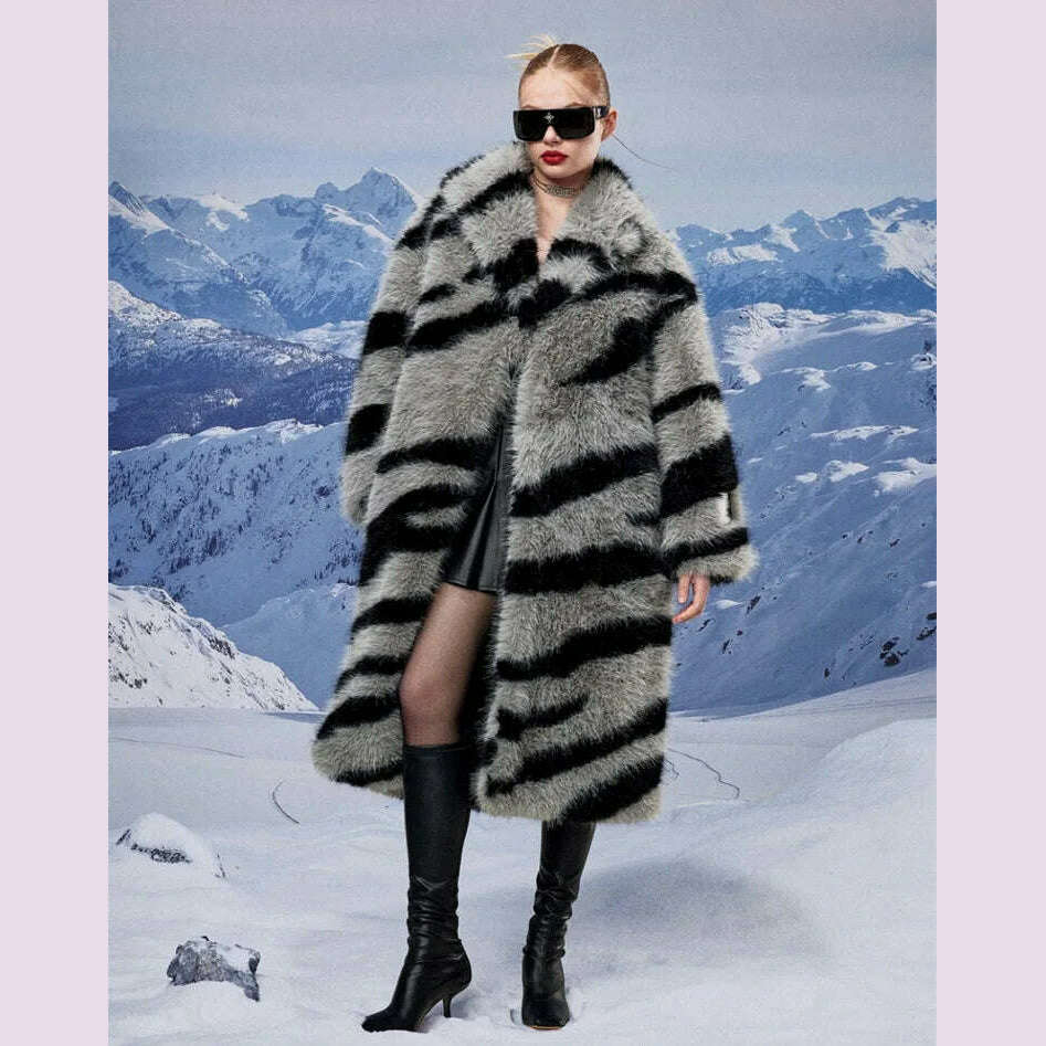 Zebra New Faux Fox Fur Coat Women Long 2024 Winter Imitation Wool Fur Jacket Thickened Warm Plush Overcoat Furry Fuzzy Outerwear