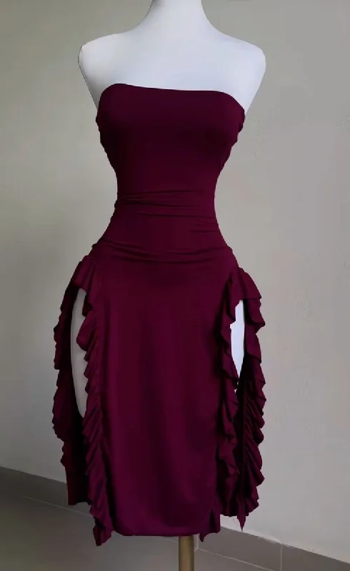 casual knit dressBurgundy Strapless Sheath Midi Length Ruffle Sexy Evening Dress, DP2587