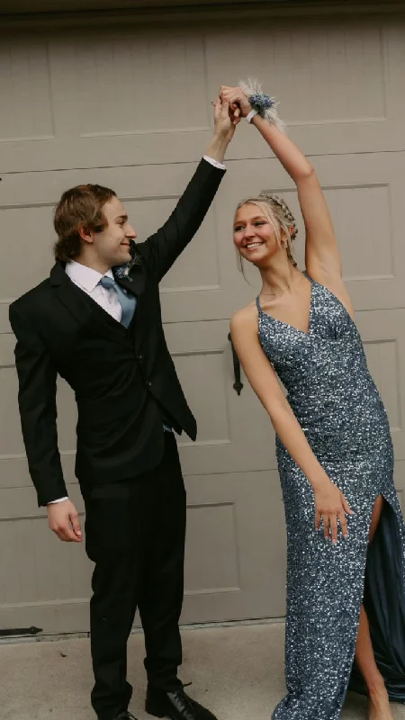 Special Discount evening dressSilver Sequined BacklessLong Prom Dress with Slit,DP922