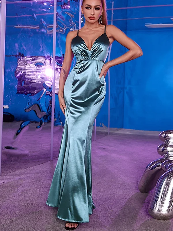 ashionable dressKittenAlarm - Plunging Neck Backless Mermaid Hem Satin Prom Dress