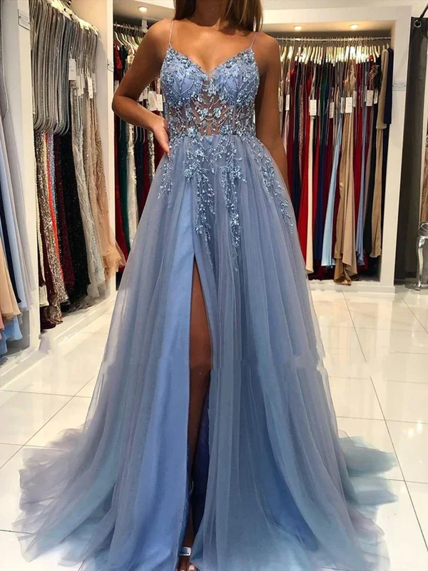 Unmissable Offer vintage dressDusty Blue A-Line Tulle BeadsLong Prom Dress with Slit,DP1017