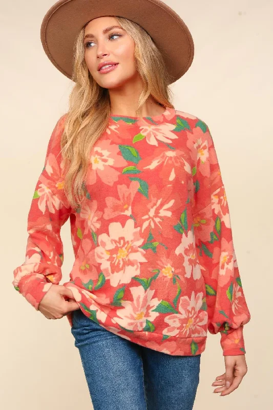 RED FLORAL BRUSHED HACCI SOFT SWEATER KNIT TOP (5pc)