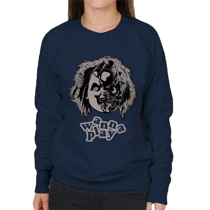 Limited Time relaxed fit sports hoodieChucky Half Face Wanna Play Women's Sweatshirt Limited Time relaxed fit sports hoodieChucky Half Face Wanna Play Women's Sweatshirt