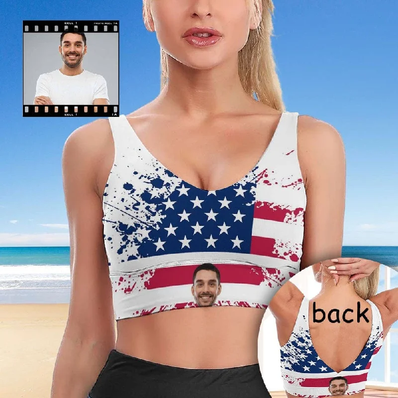 Overstock Custom Husband Face US Flag Sports Bra Personalized Women's All Over Print Yoga Sports Bra Overstock Custom Husband Face US Flag Sports Bra Personalized Women's All Over Print Yoga Sports Bra