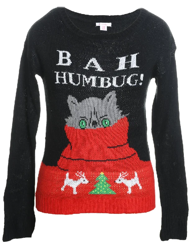 Now or Never Cat Design Black Knit Christmas Jumper - M