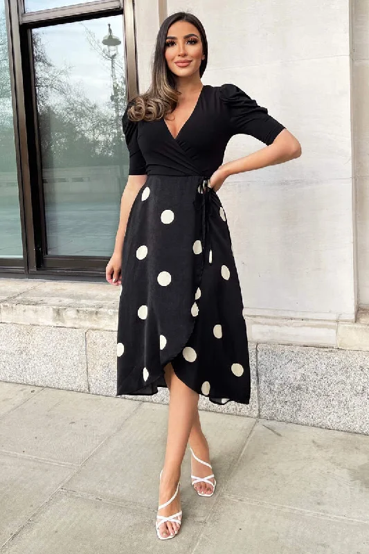 draped dressCaroline Black and Cream Polka Dot 2 in 1 Midi Dress