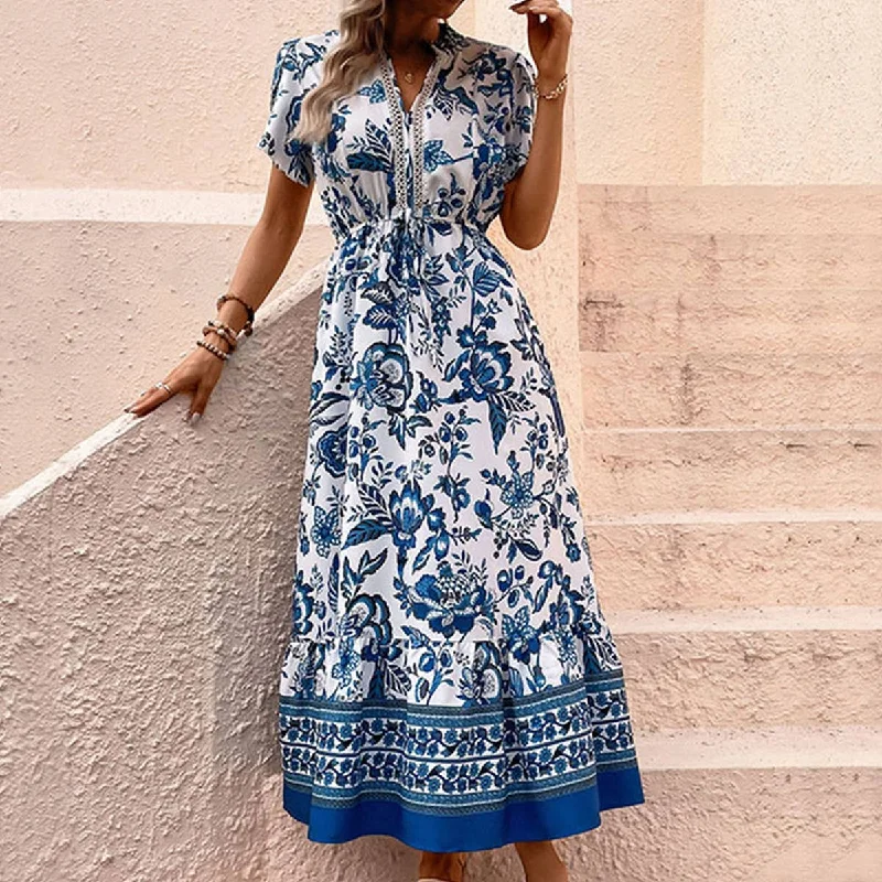 bohemian dressBlue printed slimming dress_CWDMD1500