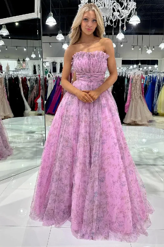 Special Price printed dressChic Strapless A-Line Tulle Long Prom Dress,DP991
