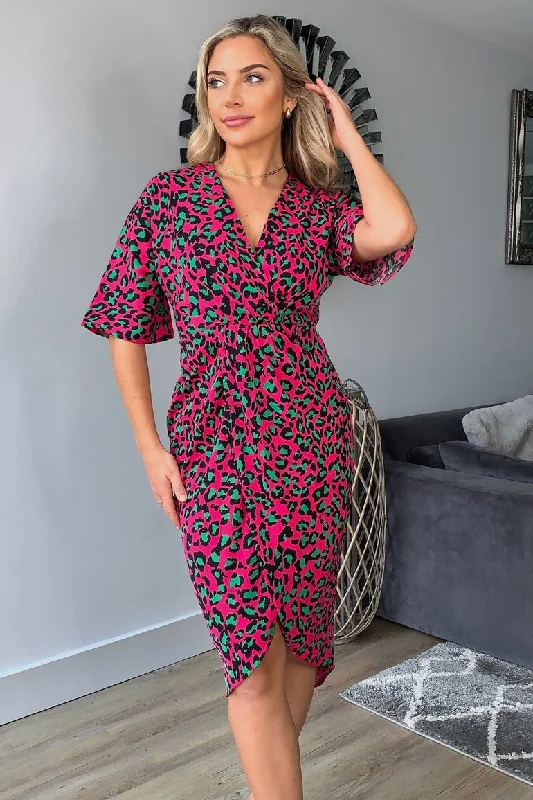 layered dressJacqui Pink Leopard Wrap Detailed Midi Dress