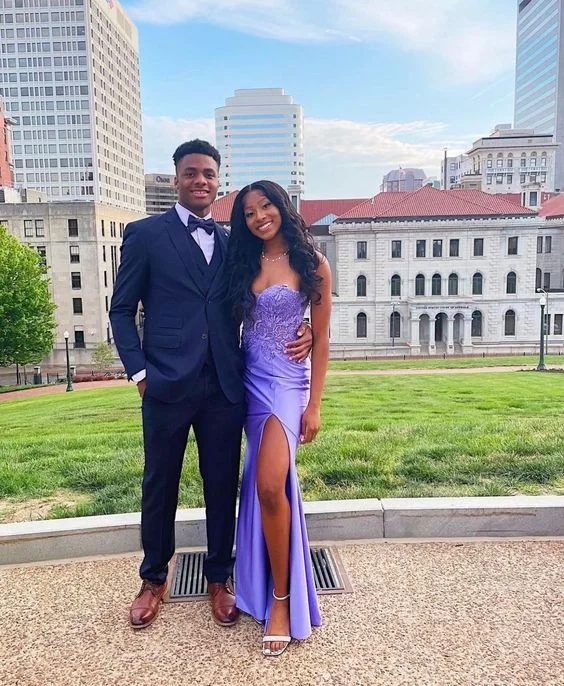 Closeout Sale trendy wrap dressPurple Strapless Appliques Long Prom Dress with Slit,DP914
