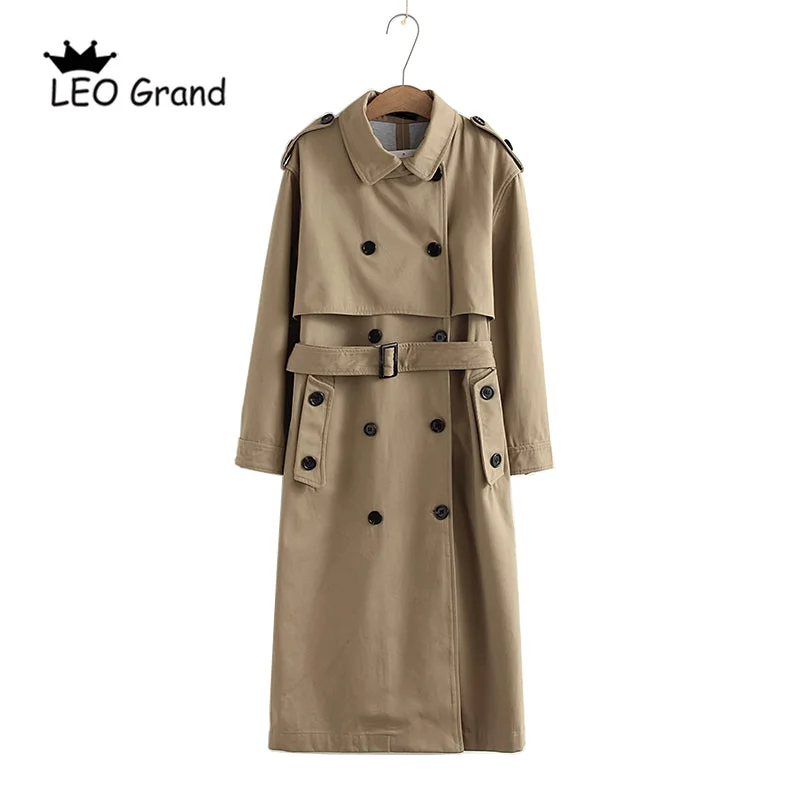 Vee Top women casual solid color double breasted outwear fashion sashes office coat chic epaulet design long trench