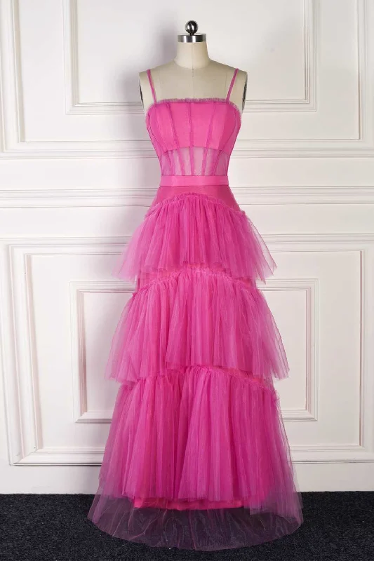 playful dressHot Pink Spaghetti Straps A-Line Tulle Tiered Long Party Dress,DP1695