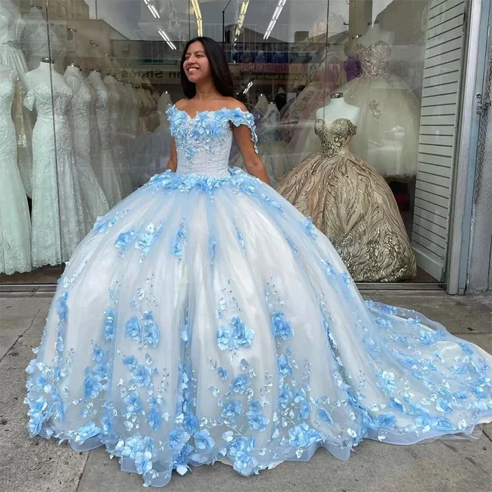 stylish dressSky Blue Quinceanera Dresses Princess 3D Rose Floral Party Birthday Dress Beaded Sweet 16 Prom Dress, DP2400