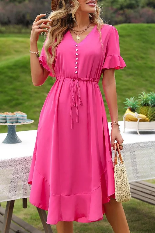 casual slip dressDRAWSTRING RUFFLED PUFF MIDI DRESS