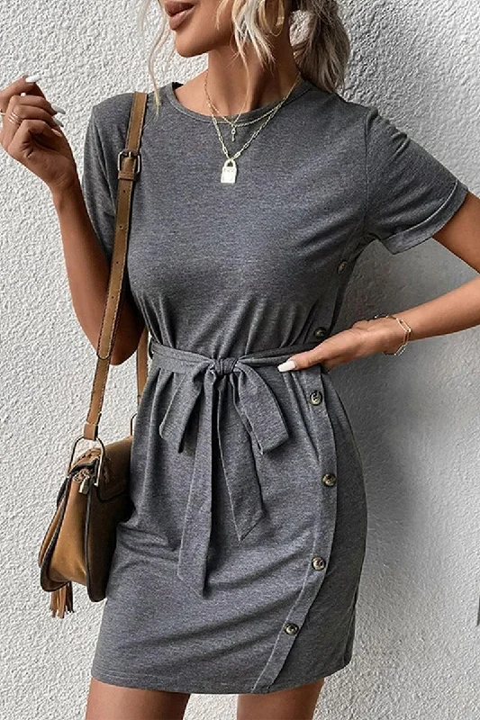 romantic dressSIDE BUTTON POINT TIED WAIST ROLL UP SLEEVE DRESS