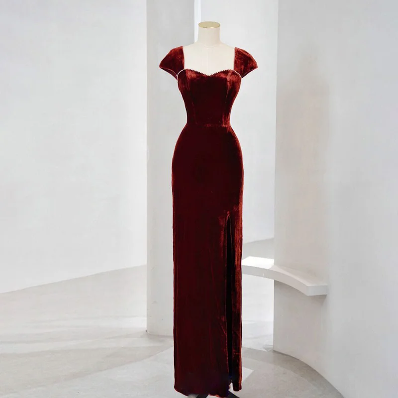 Price Fest cocktail party dressRed Cap Sleeves Velvet Long Prom Dress Formal Party Dress with Beads,DP1060