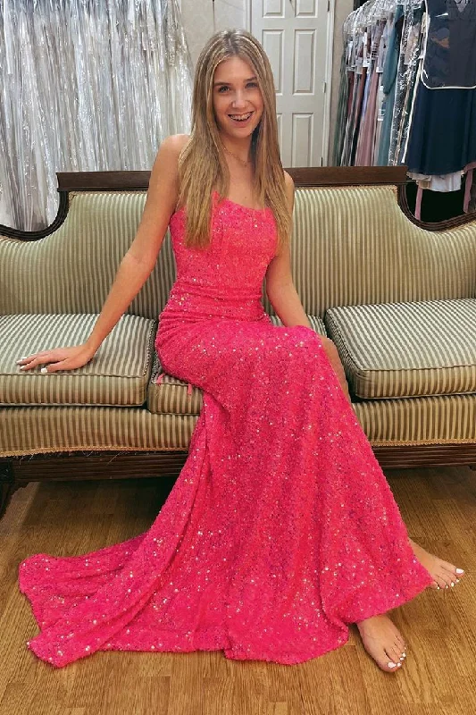 chic slip dressHot Pink Scoop Neck Mermaid Sequins Long Prom Dress, DP2617