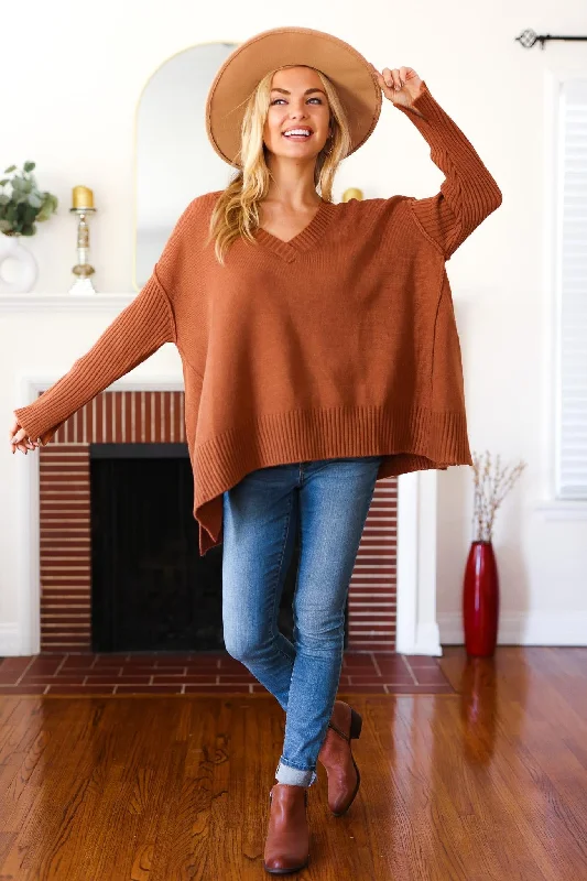 Rust Oversized Sweater Knit Top with Side Slit