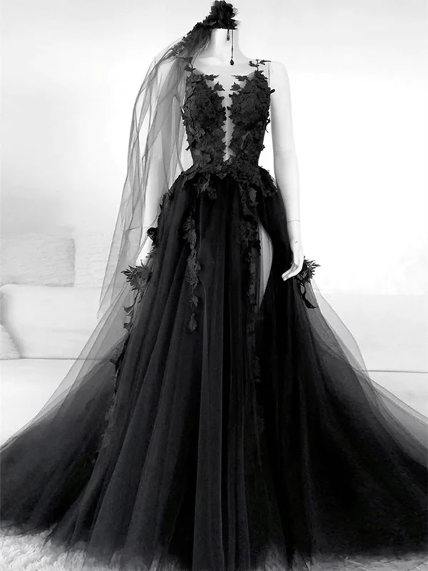 Shop and Save formal dressBlack Appliques Backless Tulle Long Prom Dress Formal Party Dress with Slit,DP1019