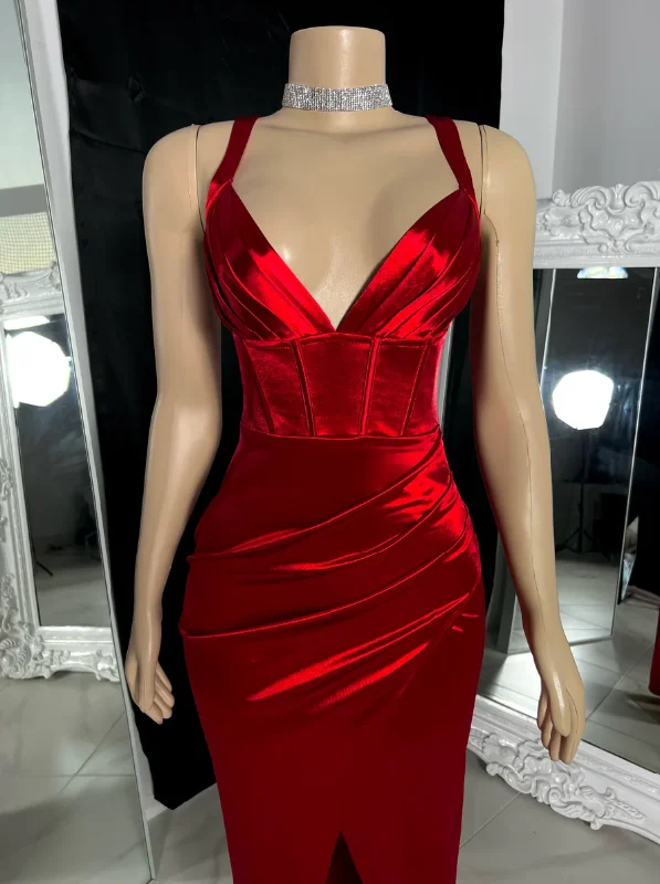 formal dressCharming Red Satin Straps Long Party Dress with Slit, DP2608