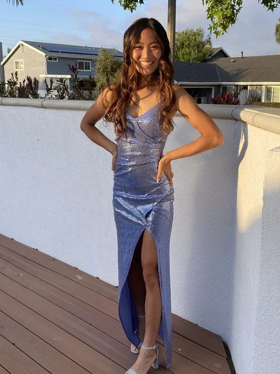 Can't Miss minimalistic dressSimple Silver Long Prom Dress with Slit,DP931
