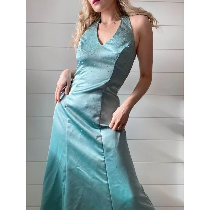 casual summer dressVintage Beading Halter Satin Blue Evening Party Dress, DP2499