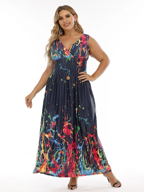 comfy maxi dressKittenAlarm - Plus Size Double V-neck Print Smocked Waist Maxi Dress