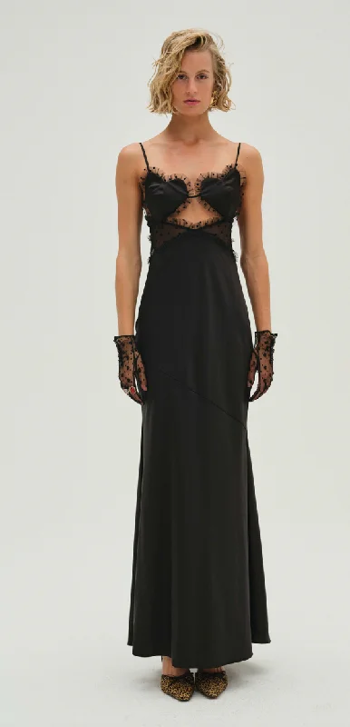 fitted dressVal Black Satin Maxi Dress by for Love and Lemons