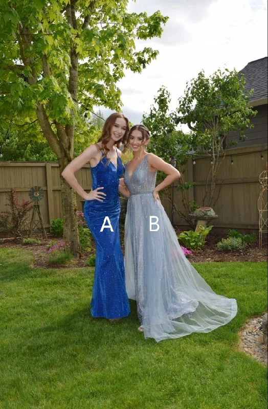 Weekend Deal ruffle dressShiny Blue V Neck Long Prom Dress Party Gown,DP936