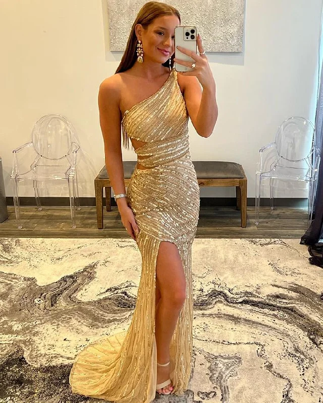 Super Deal velvet dressGold One Shoulder Sequined Long Prom Party Dress,DP1050