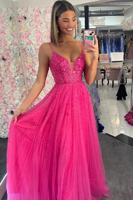 Special Buy wrap dressStraps Hot Pink Beaded A-Line Long Formal Dress,DP889