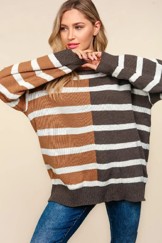 Charcoal/Camel Stripe Color Block Oversized Pullover Sweater