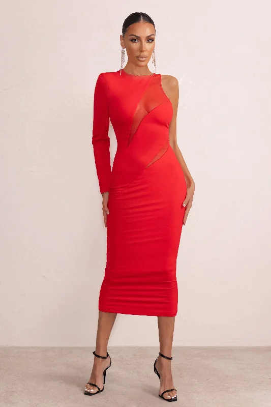 Limited Stock Marya | Red High Neck Asymmetric Mesh Detail Bodycon Midi Dress