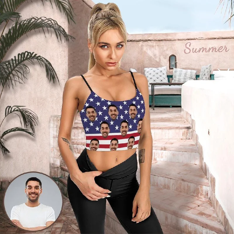 Stock Clearance Custom Face Flag Tops American Women's Crop Camisole Top (With Chest Pad) Stock Clearance Custom Face Flag Tops American Women's Crop Camisole Top (With Chest Pad)