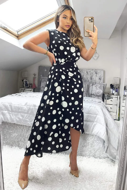 trendy wrap dressVera Black and White Polka Dot Gathered Midi Dress