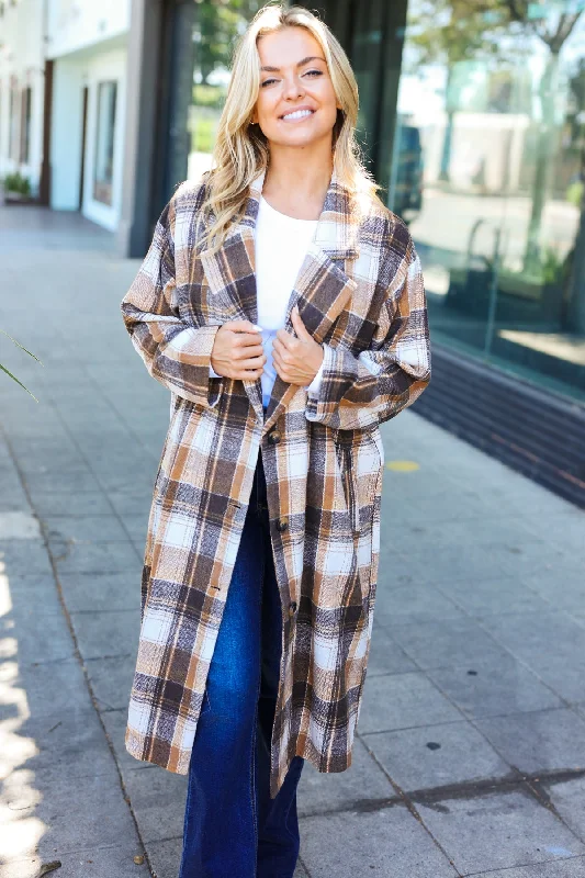 Mocha Plaid Pocketed Duster Coat