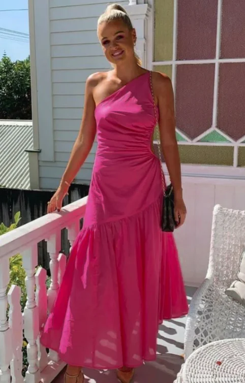 ashionable dressHot Pink One Shoulder A-Line Long Party Dress, DP2458