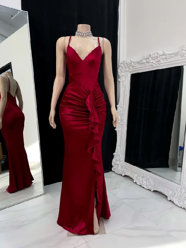 bodycon dressWine Red Straps Ruffles V Neck Long Prom Dress with Slit, DP2609