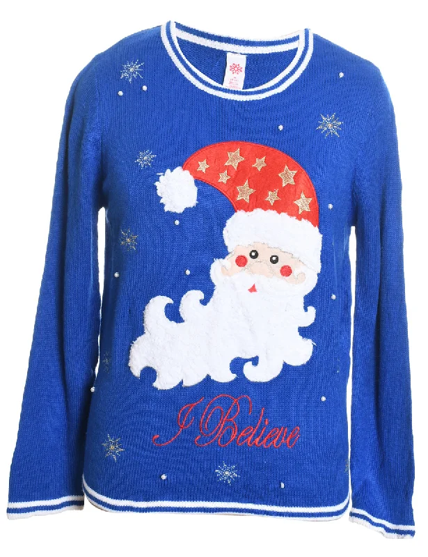 Crazy Savings Santa Claus Design Blue Embroidered Christmas Jumper - M