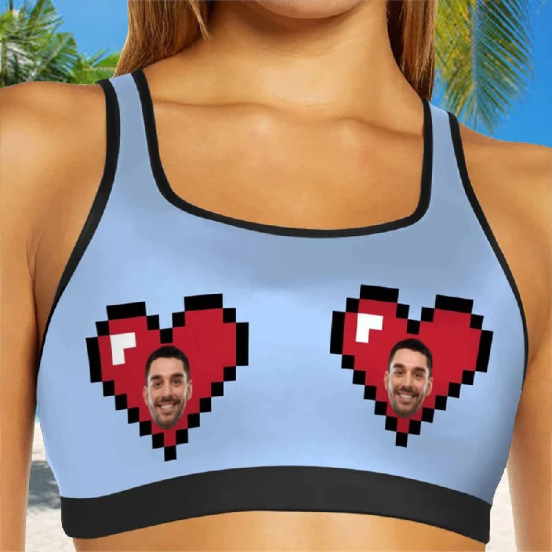 Crazy Deals Custom Husband Face Red Heart Blue Background Sports Bra Personalized Women's All Over Print Yoga Sports Bra